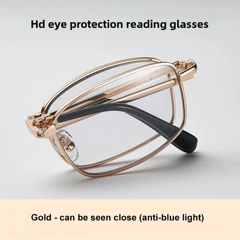 (image for) Anti Blue Light Multifocal Reading Glasses, Portable Foldable Presbyopic Glasses for Both Near Far Distances, Gold Frame Eyeglasses