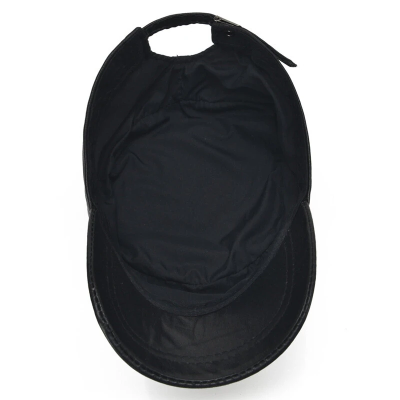 (image for) Collrown Genuine Sheepskin Leather Cap Men's Flat Cap Adjustable Outdoor Casual Black Caps for Spring Fall